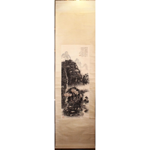 438 - A 20TH CENTURY CHINESE SCROLL PAINTING, depicting a mountainous landscape, image 112cm x 42cm.