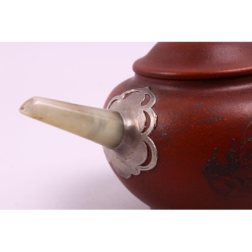 445 - A 19TH / 20TH CENTURY CHINESE YIXING CLAY & JADE TEAPOT, the pot with carved jade handle, spout and ... 