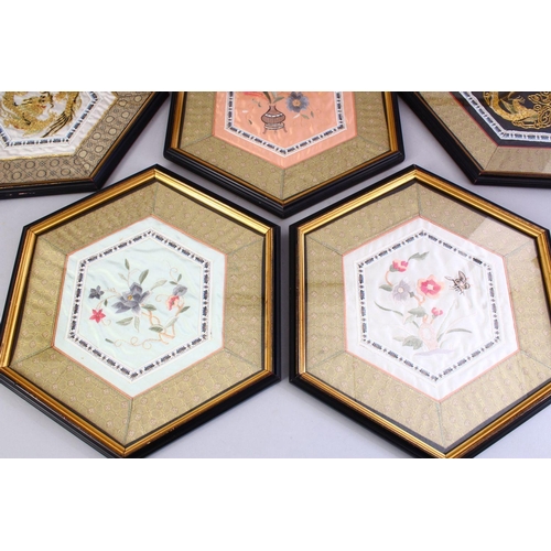 449 - EIGHT CHINESE 19TH / 20TH CENTURY EMBROIDERED SILK PANELS - FRAMED, of hexagonal form, each with an ... 