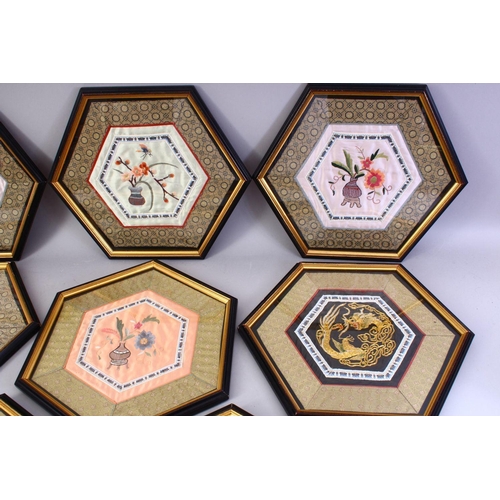 449 - EIGHT CHINESE 19TH / 20TH CENTURY EMBROIDERED SILK PANELS - FRAMED, of hexagonal form, each with an ... 