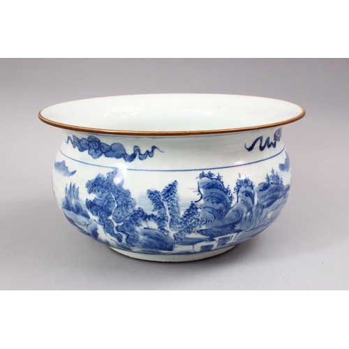 454 - A LARGE CHINESE BLUE & WHITE PORCELAIN BOWL, decorated with precious objects and landscape views, 26... 