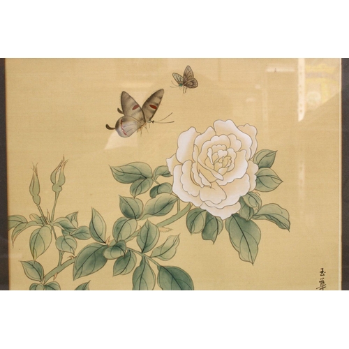 459 - TWO GOOD CHINESE PAINTINGS ON SILK, one painting depicting native flora and butterflies, signed and ... 