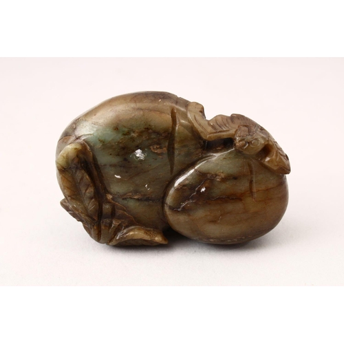 46 - A GOOD 19TH / 20TH CENTURY CHINESE CARVED JADE PEBBLE OF BATS & FRUIT, carved to depict two bats upo... 