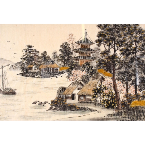 461 - A 20TH CENTURY JAPANESE EMBROIDERED NEEDLE WORK PICTURE OF A LANDSCAPE. 45cm x 35cm.