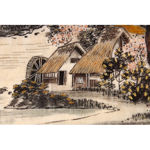 461 - A 20TH CENTURY JAPANESE EMBROIDERED NEEDLE WORK PICTURE OF A LANDSCAPE. 45cm x 35cm.