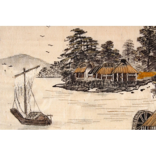 461 - A 20TH CENTURY JAPANESE EMBROIDERED NEEDLE WORK PICTURE OF A LANDSCAPE. 45cm x 35cm.