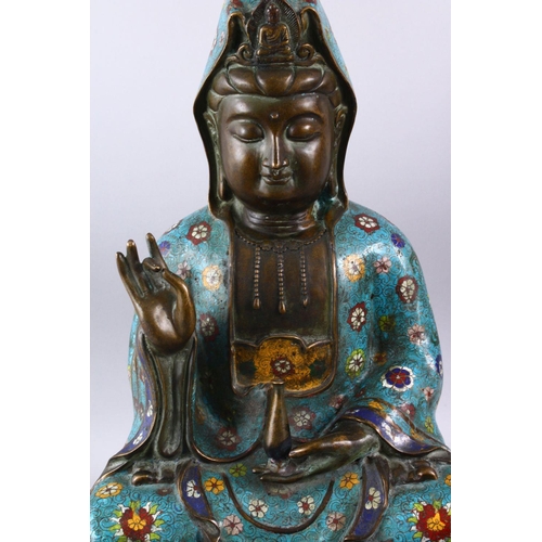 465 - A FINE 19TH CENTURY CHINESE BRONZE & CLOISONNE MODEL OF GUANYIN SEATED UPON LOTUS, guanyin modeled h... 