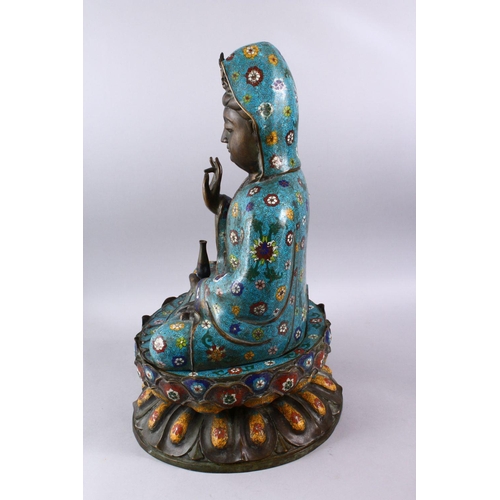 465 - A FINE 19TH CENTURY CHINESE BRONZE & CLOISONNE MODEL OF GUANYIN SEATED UPON LOTUS, guanyin modeled h... 