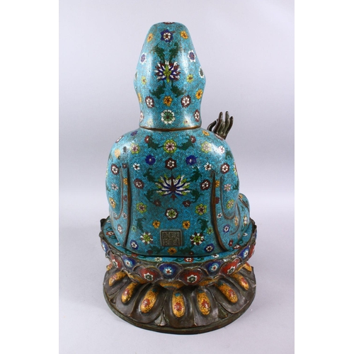 465 - A FINE 19TH CENTURY CHINESE BRONZE & CLOISONNE MODEL OF GUANYIN SEATED UPON LOTUS, guanyin modeled h... 