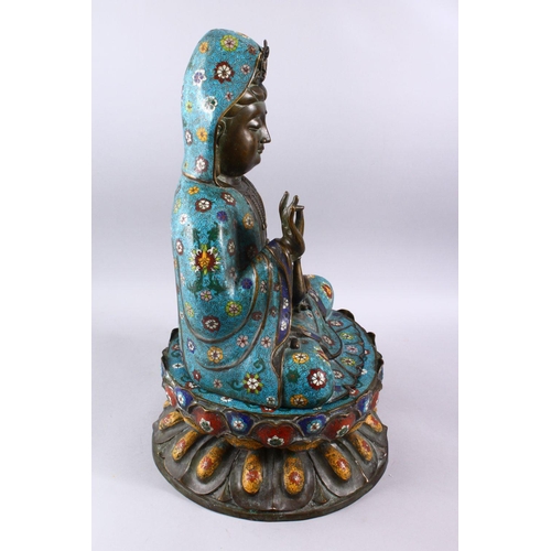 465 - A FINE 19TH CENTURY CHINESE BRONZE & CLOISONNE MODEL OF GUANYIN SEATED UPON LOTUS, guanyin modeled h... 