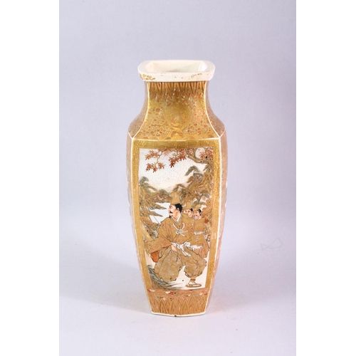 467 - A JAPANESE MEIJI PERIOD SATSUMA SQUARE FORMED VASE, with decoration of immortals, quail and landscap... 