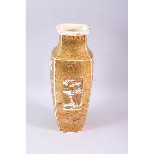 467 - A JAPANESE MEIJI PERIOD SATSUMA SQUARE FORMED VASE, with decoration of immortals, quail and landscap... 