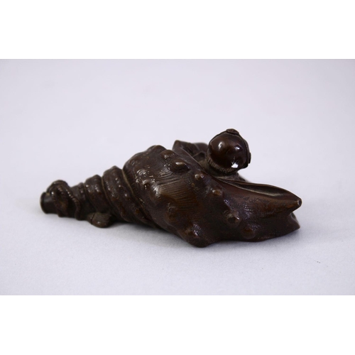 47 - A GOOD JAPANESE BRONZE OKIMONO OF A BOY AND CONCH SHELL, base signed. 9cm.