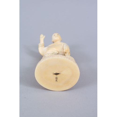 481 - A JAPANESE MEIJI PERIOD CARVED IVORY OKIMONO OF A FISHERMAN, the man stood holding his net, with one... 