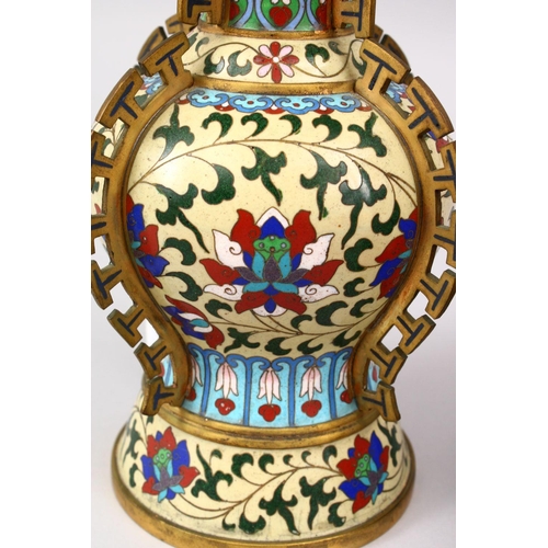 482 - A FINE QUALITY 20TH CENTURY CHINESE CLOISONNE VASE, the vase with a pale yellow ground with formal f... 