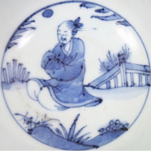 485 - A CHINESE WANLI STYLE BLUE & WHITE PORCELAIN BOWL, the sides decorated with figures in a continuous ... 