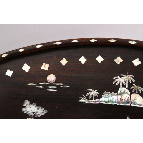 488 - A GOOD 19TH CENTURY CHINESE HARDWOOD & MOTHER OF PEARL INLAID TRAY, the tray inlaid with shell to de... 