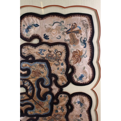 491 - A LARGE QING DYNASTY CHINESE EMBROIDERED FRAMED SILK COLLAR, 80cm square.