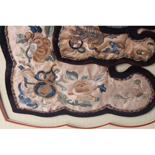 491 - A LARGE QING DYNASTY CHINESE EMBROIDERED FRAMED SILK COLLAR, 80cm square.