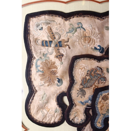 491 - A LARGE QING DYNASTY CHINESE EMBROIDERED FRAMED SILK COLLAR, 80cm square.