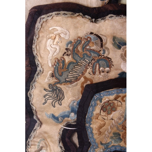 491 - A LARGE QING DYNASTY CHINESE EMBROIDERED FRAMED SILK COLLAR, 80cm square.