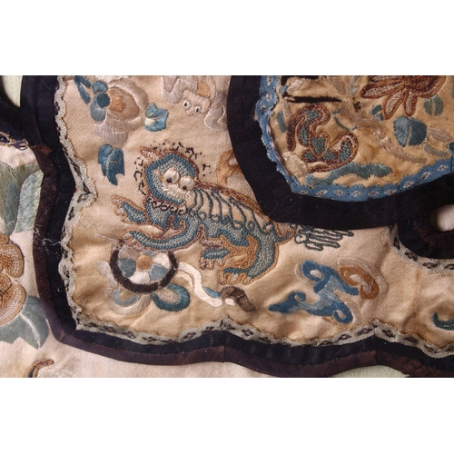 491 - A LARGE QING DYNASTY CHINESE EMBROIDERED FRAMED SILK COLLAR, 80cm square.