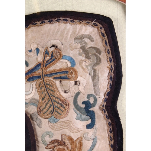 491 - A LARGE QING DYNASTY CHINESE EMBROIDERED FRAMED SILK COLLAR, 80cm square.