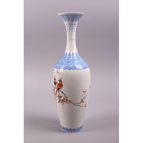 492 - A CHINESE REPUBLIC STYLE FAMILLE ROSE EGGSHELL PORCELAIN VASE, decorated with birds amongst flora an... 