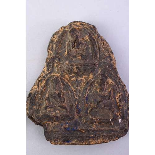 495 - TWO GOOD EARLY TIBETAN AMULETS, both with figures of buddha, 8cm x 4cm.