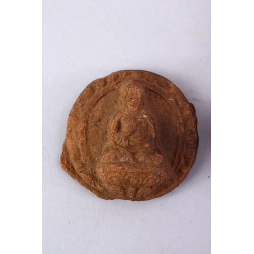 495 - TWO GOOD EARLY TIBETAN AMULETS, both with figures of buddha, 8cm x 4cm.