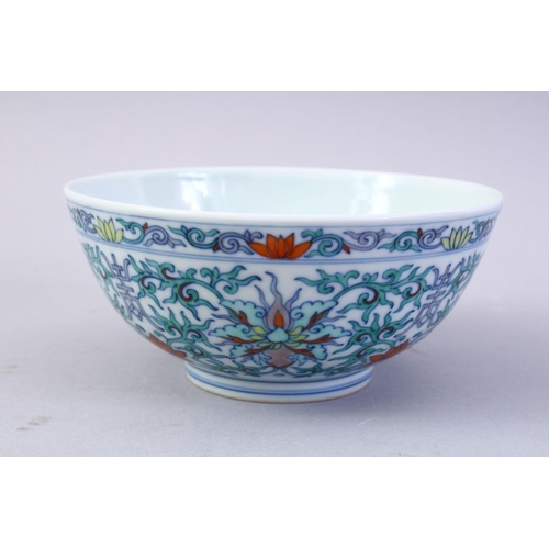 498 - A GOOD CHINESE DOUCAI DECORATED PORCELAIN BOWL, the body decorated with scenes of formal scrolling f... 