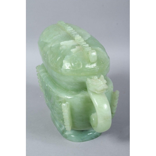 50 - A LARGE 19TH / 20TH CENTURY CARVED JADE POT & COVER, carved in the form of a sauce boat, with a cove... 