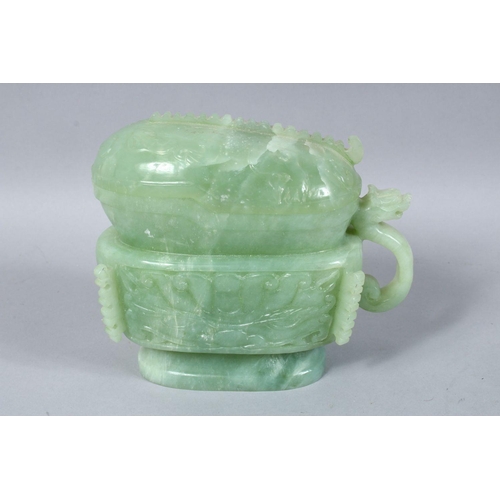 50 - A LARGE 19TH / 20TH CENTURY CARVED JADE POT & COVER, carved in the form of a sauce boat, with a cove... 