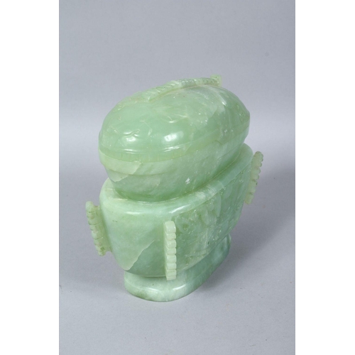 50 - A LARGE 19TH / 20TH CENTURY CARVED JADE POT & COVER, carved in the form of a sauce boat, with a cove... 