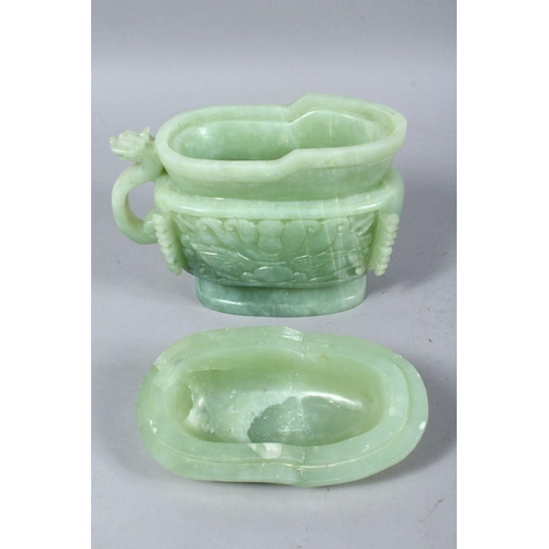 50 - A LARGE 19TH / 20TH CENTURY CARVED JADE POT & COVER, carved in the form of a sauce boat, with a cove... 