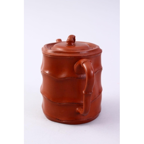 501 - A GOOD CHINESE YIXING CLAY BAMBOO FORMED TEA POT, The base with an impressed seal mark, 11cm high.