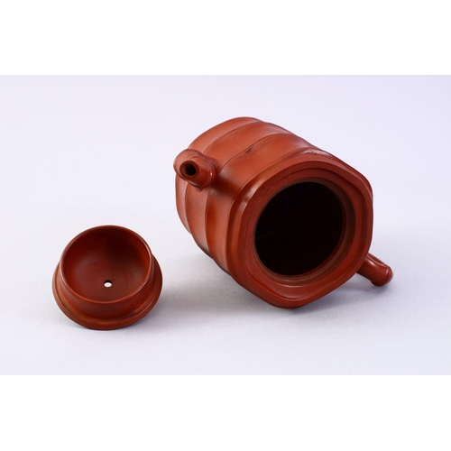 501 - A GOOD CHINESE YIXING CLAY BAMBOO FORMED TEA POT, The base with an impressed seal mark, 11cm high.