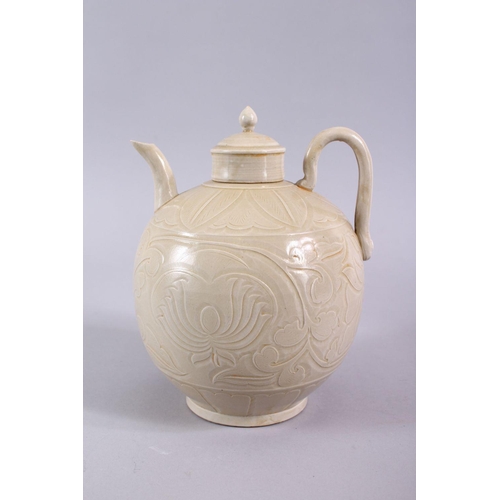 506 - A GOOD CHINESE DING WARE POTTERY WINE EWER, the body with carved decoration 20cm x 17cm