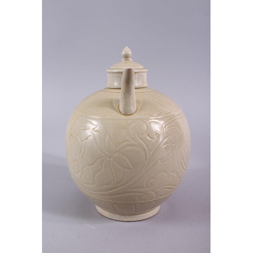 506 - A GOOD CHINESE DING WARE POTTERY WINE EWER, the body with carved decoration 20cm x 17cm