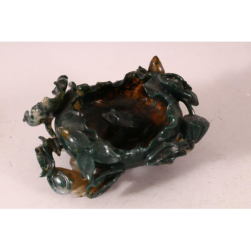 51 - A GOOD CHINESE DARK GREEN JADE LOTUS BRUSH WASHER, together with a good quality wire inlaid carved a... 