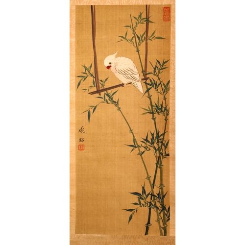 524 - A SMALL 20TH CENTURY CHINESE SCROLL PAINTING of a cockatoo on a swing, signed and with red seal, ima... 