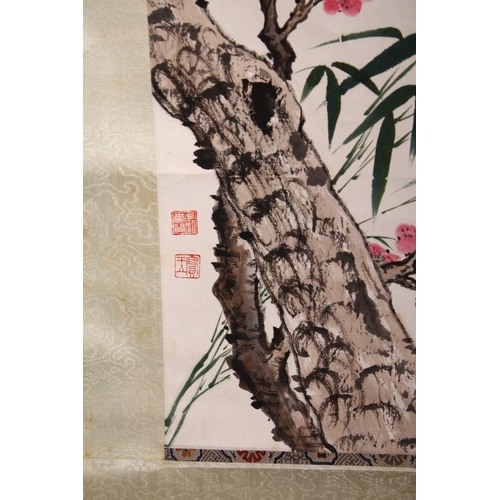 525 - A GOOD 20TH CENTURY CHINESE SCROLL PAINTING depicting a flowering cherry blossom tree, image size 68... 