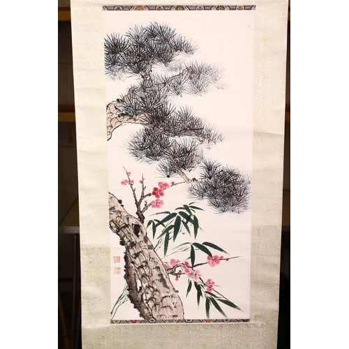 525 - A GOOD 20TH CENTURY CHINESE SCROLL PAINTING depicting a flowering cherry blossom tree, image size 68... 