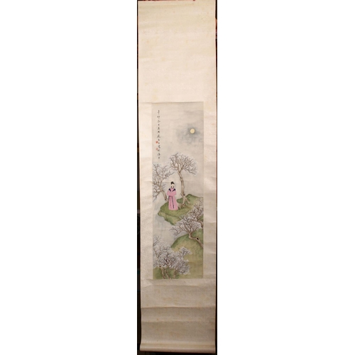 526 - A 20TH CENTURY CHINESE SCROLL PAINTING, depicting a young lady standing a landscape setting beneath ... 