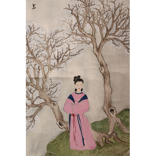 526 - A 20TH CENTURY CHINESE SCROLL PAINTING, depicting a young lady standing a landscape setting beneath ... 