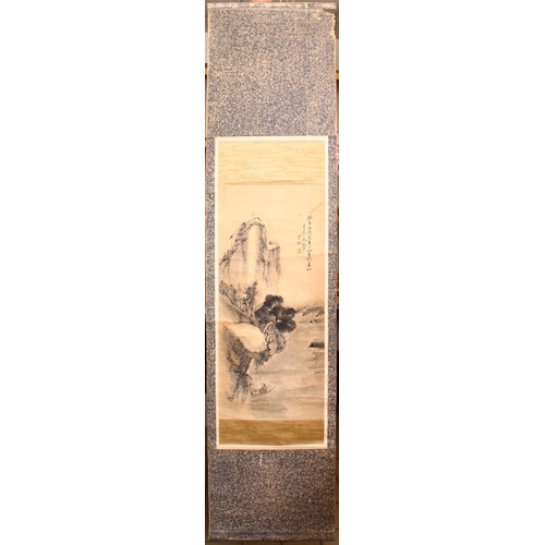 528 - AN EARLY 20TH CENTURY CHINESE SCROLL PAINTING, with a fisherman in a boat on a lake beneath a mounta... 