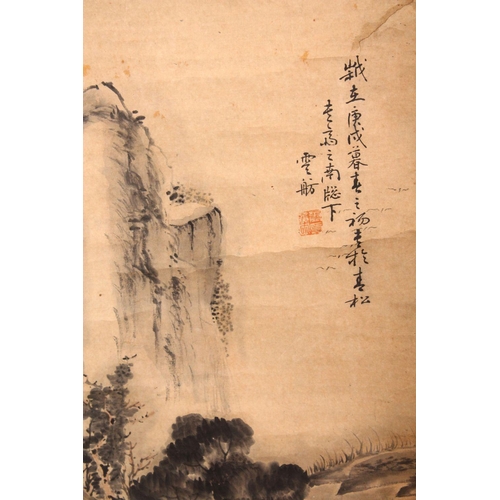 528 - AN EARLY 20TH CENTURY CHINESE SCROLL PAINTING, with a fisherman in a boat on a lake beneath a mounta... 