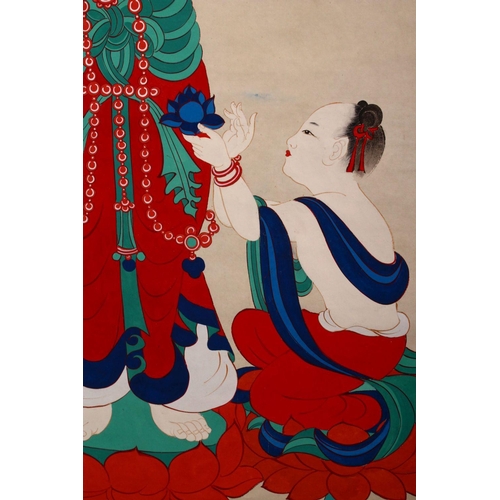 530 - A GOOD 20TH CENTURY CHINESE SCROLL PAINTING, painted with a standing female deity, an attendant knee... 