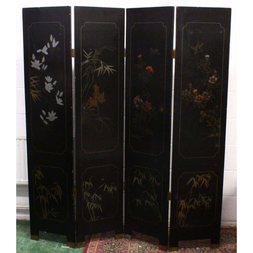 60 - A GOOD 19TH / 20TH CENTURY CHINESE FOUR FOLD HARDSTONE ROOM DIVIDING SCREEN, inlaid with carved hard... 