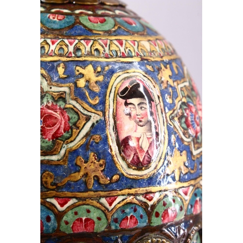 601 - À 19TH CENTURY PERSIAN QAJAR ENAMELLED AND GILT HUQQA BASE AND STAND, decorated with miniature paint... 